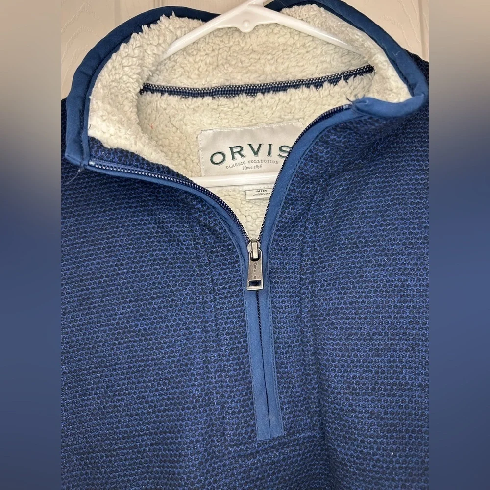 Orvis Men’s M Sherpa Lined Quarter Zip Navy Fleece Pullover Warm Outdoor Size M